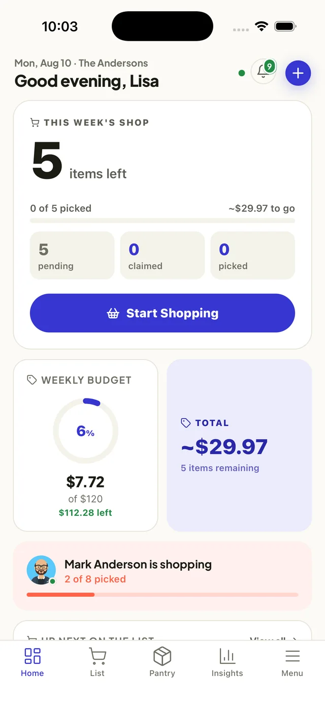 FamBasket home screen on iPhone showing this week's shop, budget and items left